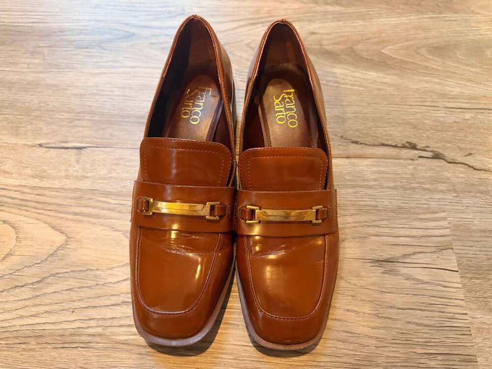 Franco Sarto Dalia Square Toe Heeled Loafers Brown Patent Leather